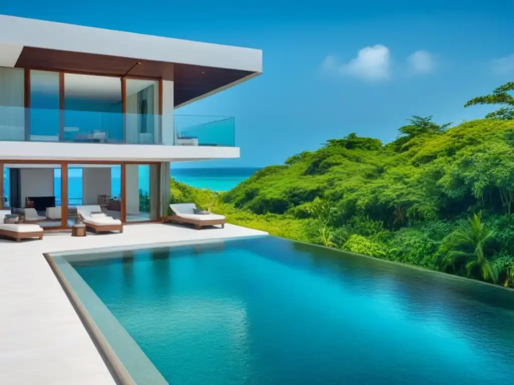 Villa de lujo en Jamaica: exclusividad frente al mar Una lujosa villa frente a la playa en Jamaica con vistas al mar turquesa, rodeada de exuberante vegetación tropical bajo un cielo azul