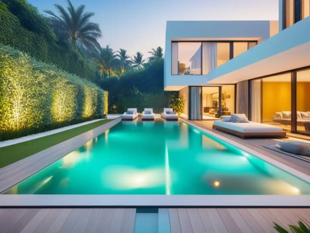 Villa de lujo y diseño arquitectónico moderno en entorno natural exuberante Una lujosa villa moderna rodeada de exuberante vegetación, con diseño arquitectónico elegante y amplias ventanas
