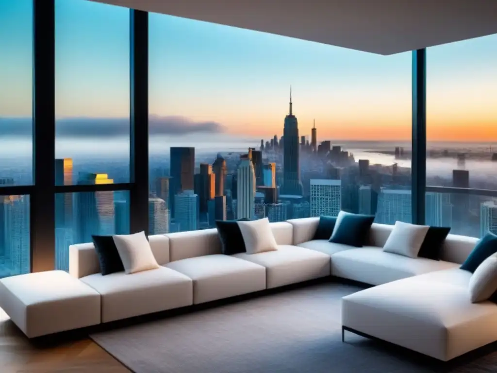 Interior de lujo en apartamento moderno: sofisticación y riqueza Un lujoso apartamento con vista a la ciudad