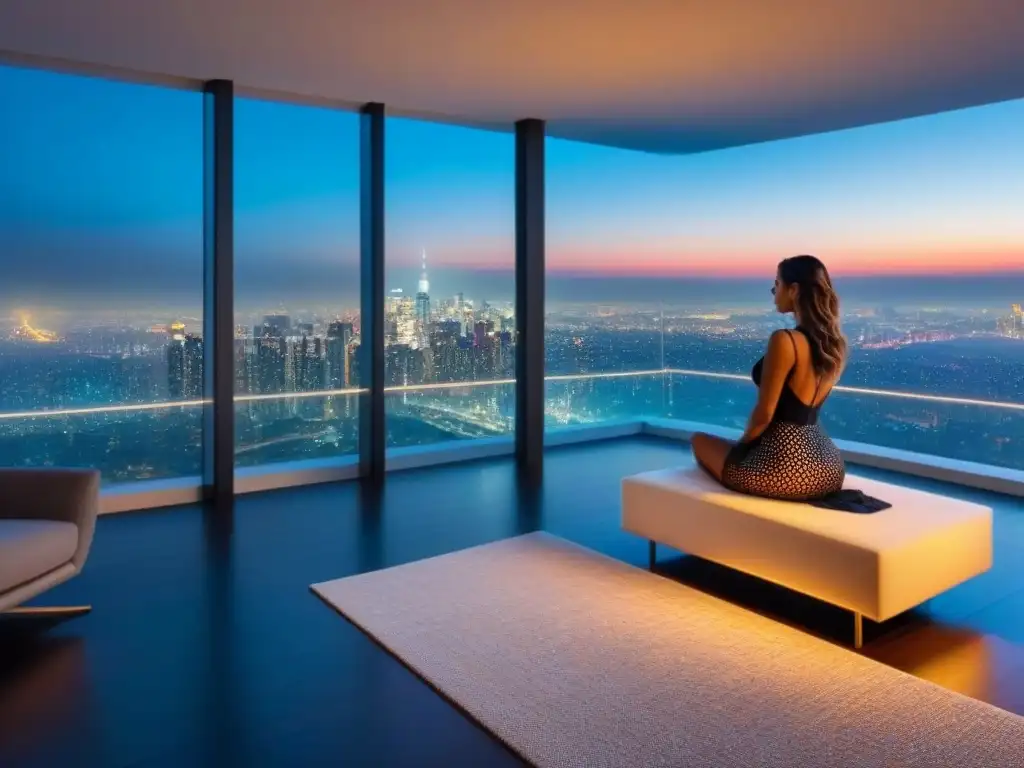 Penthouse de lujo con tecnología smart integrada en la decoración Un lujoso ático moderno con tecnología emergente y vista panorámica de la ciudad al anochecer, fusionando lujo y tecnología en inversión inmobiliaria