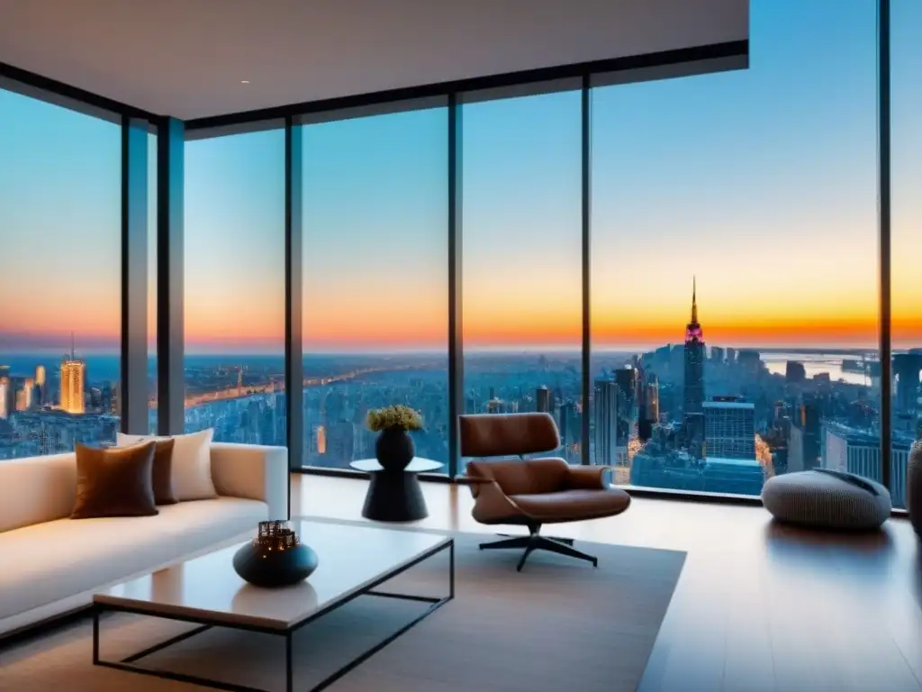 Penthouse de lujo con vistas panorámicas en ciudad vibrante Un lujoso ático moderno con ventanales de piso a techo en una ciudad bulliciosa, ambiente sofisticado y cálido