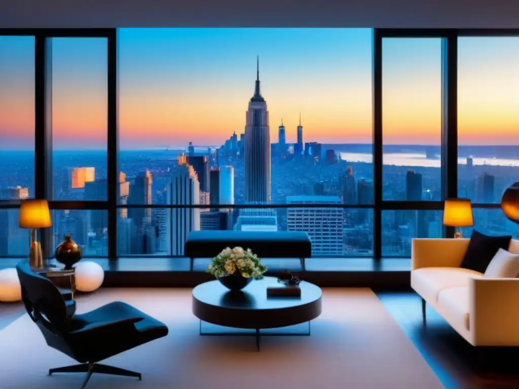Penthouse de lujo con vista panorámica al atardecer Un lujoso ático moderno con vista a la ciudad al atardecer