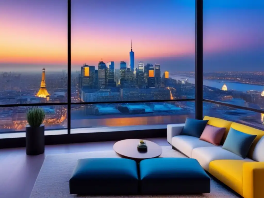 Penthouse de lujo con vista panorámica a la ciudad al atardecer Un lujoso ático moderno con vista a la vibrante ciudad al atardecer, terraza espaciosa y muebles contemporáneos