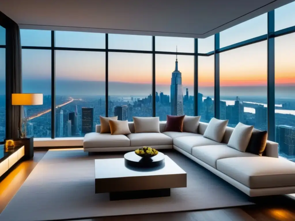 Penthouse de lujo con diseño moderno y vistas panorámicas a la ciudad Un lujoso ático moderno con vista a la bulliciosa ciudad, diseño interior elegante y mobiliario contemporáneo
