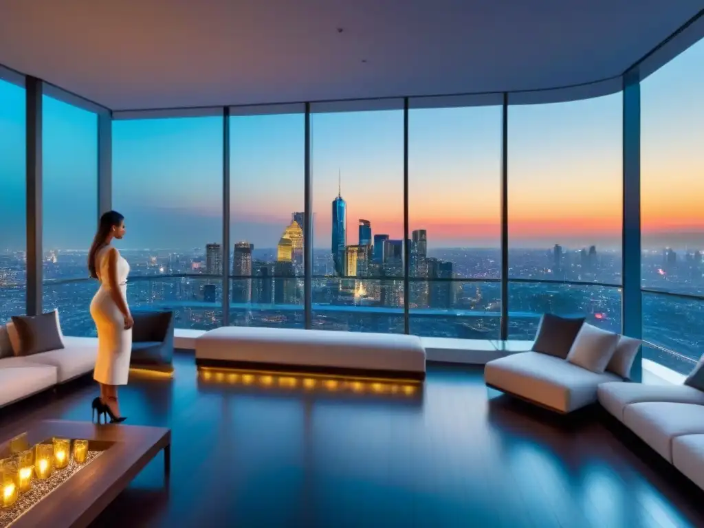 Penthouse de lujo con vistas a la ciudad y diseño moderno Un lujoso ático moderno con vista a la vibrante ciudad, ideal para adquirir propiedades de lujo