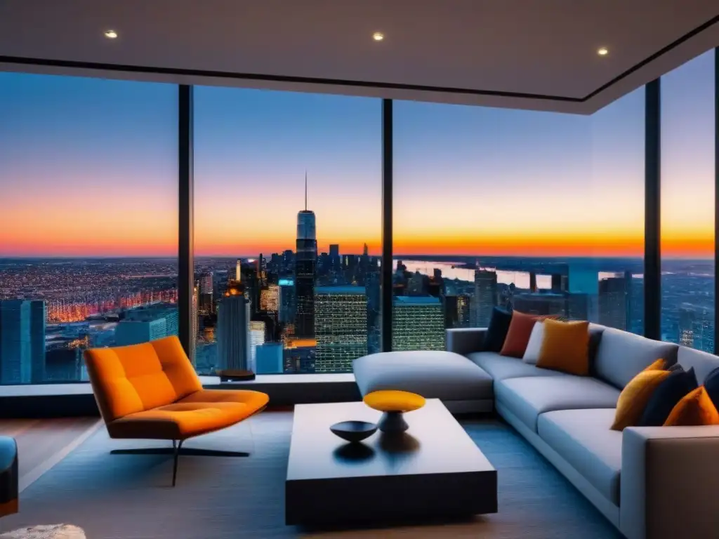 Penthouse de lujo con vista a la ciudad al atardecer Un lujoso ático moderno con vista a la bulliciosa ciudad al atardecer, con diseño minimalista y toques de color atrevidos