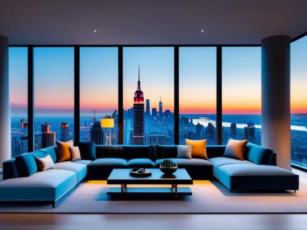Penthouse de lujo con vista panorámica a la ciudad al atardecer Un lujoso ático moderno con vistas a la ciudad, diseño elegante y terraza panorámica al atardecer