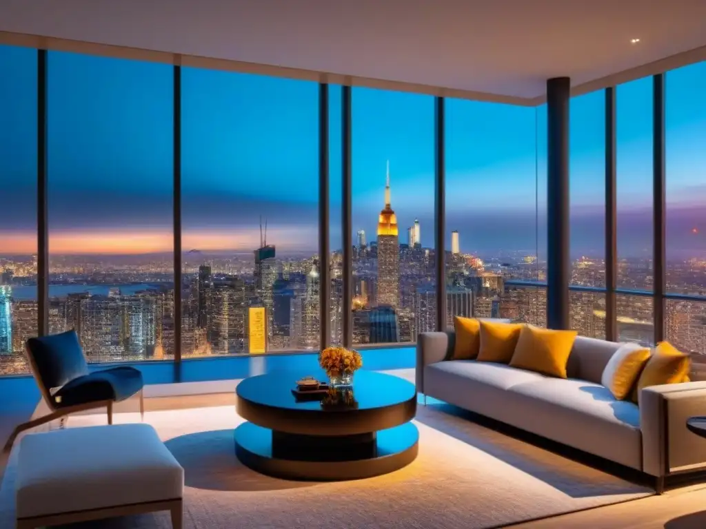 Penthouse de lujo con vista nocturna de la ciudad Un lujoso ático moderno con vistas a un bullicioso skyline nocturno de la ciudad