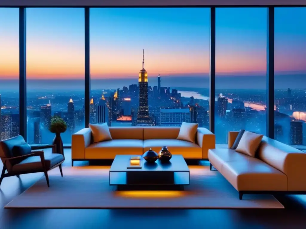 Lujo urbano: penthouse moderno con vista panorámica al atardecer Un lujoso ático moderno con vistas a un skyline urbano al atardecer, decorado con muebles contemporáneos y tecnología de vanguardia integrada