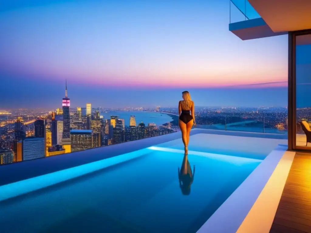 Penthouse de lujo con piscina infinity y vistas panorámicas al atardecer Un lujoso ático moderno con vistas a un bullicioso horizonte urbano al atardecer en Mercados emergentes propiedades lujo