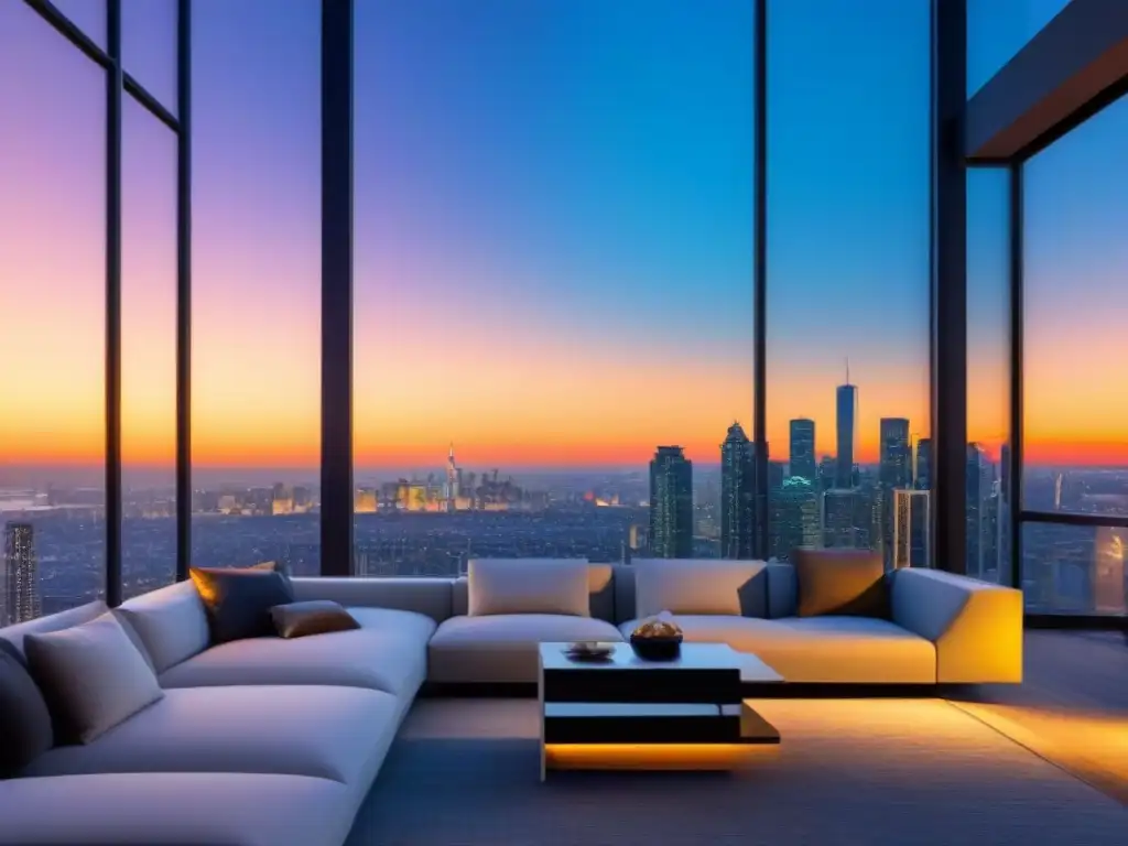 Penthouse de lujo con vista nocturna a la ciudad Un lujoso ático moderno con vistas a un vibrante horizonte urbano al atardecer, con mobiliario contemporáneo y elegante decoración
