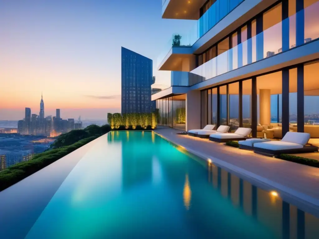 Condominio de lujo en skyline urbano al atardecer Un lujoso complejo de condominios en una vibrante ciudad al anochecer, ideal para inversores extranjeros mercado inmobiliario