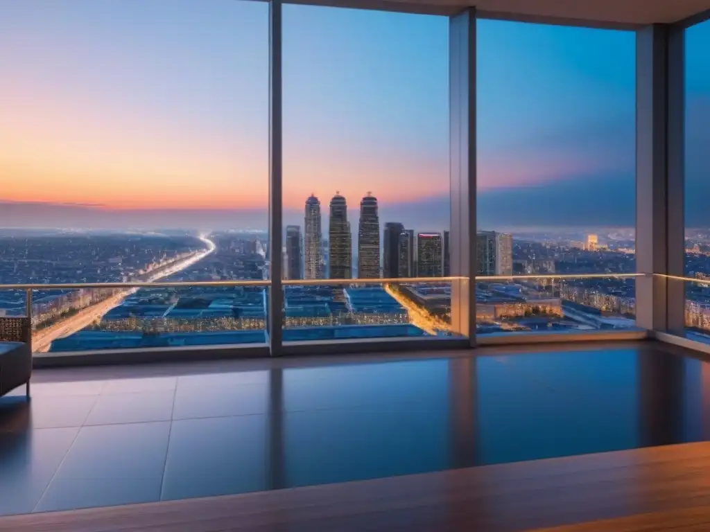 Condominio de lujo con vista urbana al atardecer Un lujoso complejo de condominios con vista a la ciudad al atardecer, reflejando las tendencias del mercado inmobiliario 2021