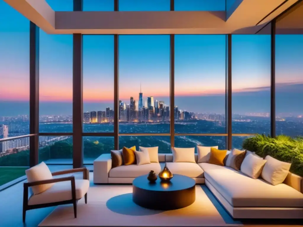 Edificio de lujo moderno con vistas al atardecer dorado Un lujoso condominio moderno con ventanales de piso a techo reflejando los tonos dorados de un atardecer, rodeado de vegetación exuberante y un horizonte de ciudad centelleante al fondo