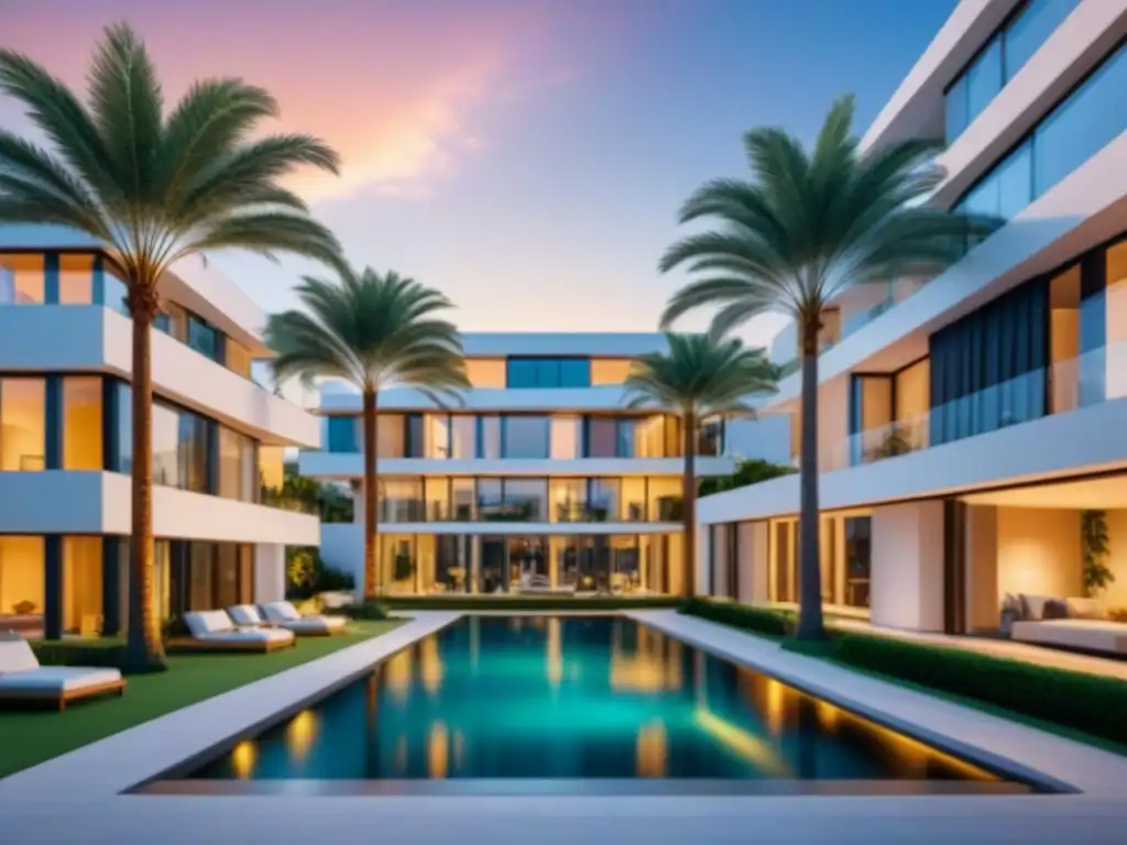 Edificio de apartamentos de lujo: sofisticación y comodidad en equilibrio Un lujoso edificio de apartamentos moderno con exteriores de cristal elegantes y un patio bellamente ajardinado, mostrando un equilibrio perfecto entre sofisticación y comodidad