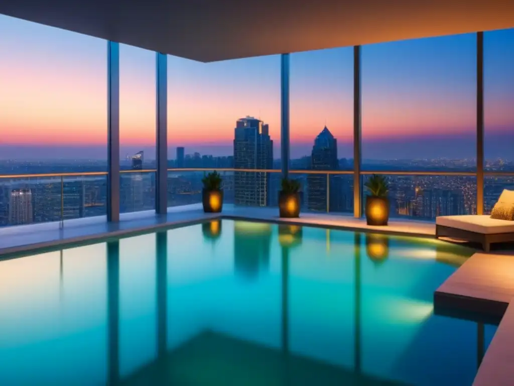 Espectacular rascacielos con vista urbana al atardecer Un lujoso edificio de apartamentos moderno con vistas a la ciudad al atardecer, con una piscina en la azotea y área lounge iluminadas suavemente