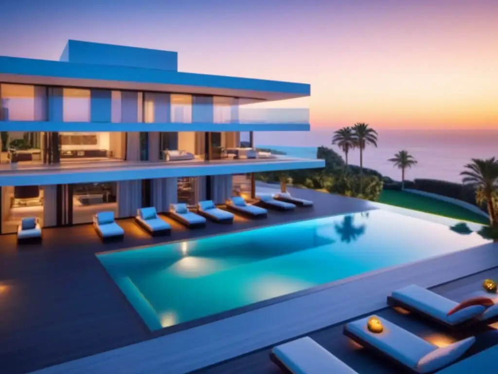 Edificio de lujo en España con vistas al mar Mediterráneo al atardecer Un lujoso edificio de apartamentos moderno en España con diseño elegante, rodeado de palmeras y con vistas al mar Mediterráneo al atardecer