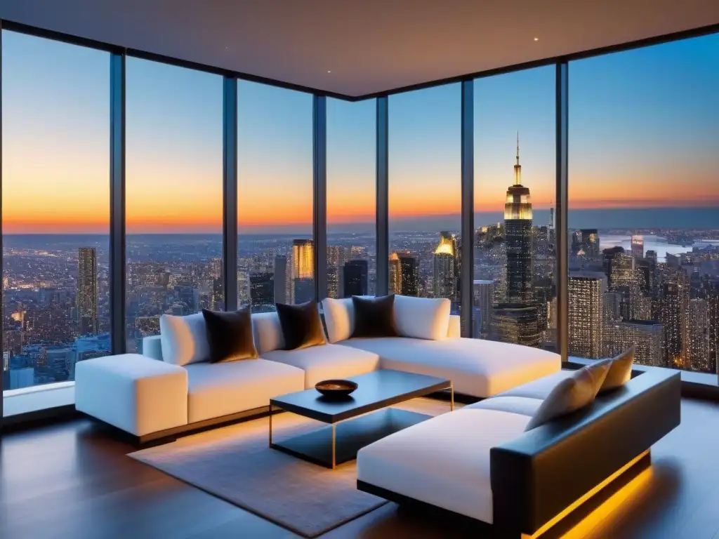 Penthouse de lujo con vista panorámica al atardecer Un lujoso salón penthouse moderno con ventanales de piso a techo que muestran un impresionante horizonte urbano al anochecer