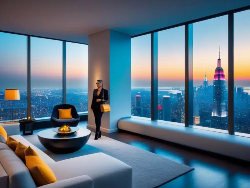 Penthouse de lujo con vista a la ciudad: diseño moderno y elegante Lujoso penthouse moderno con vista a la ciudad y tecnología de vanguardia, simbolizando estrategias de apalancamiento financiero en bienes raíces
