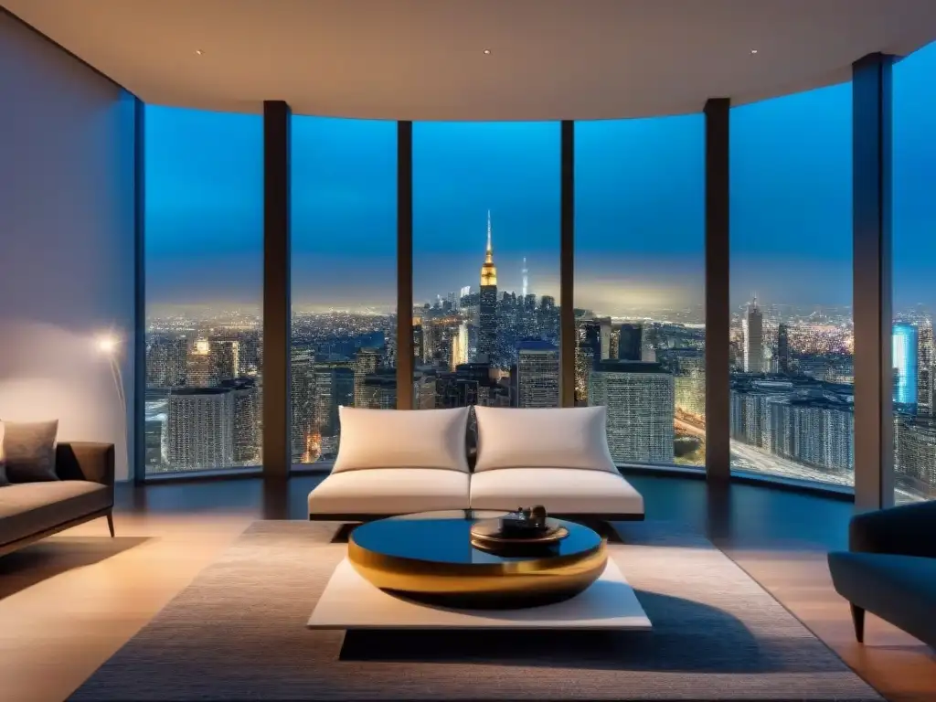 Espectacular penthouse moderno con vista nocturna de la ciudad Un lujoso penthouse moderno con vista nocturna de la ciudad, muebles contemporáneos y ambiente sofisticado