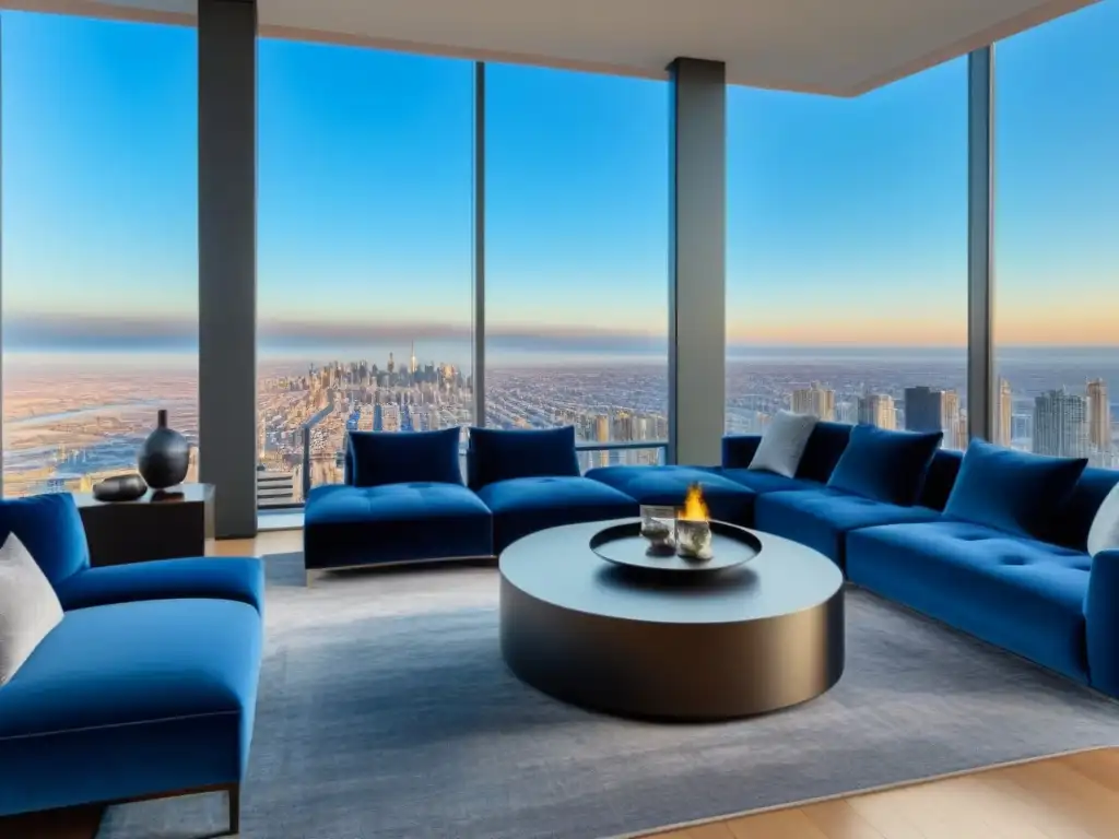 Salón de lujo en apartamento de altura con vista panorámica a la ciudad Un lujoso salón moderno en un apartamento de gran altura con vistas panorámicas a la ciudad