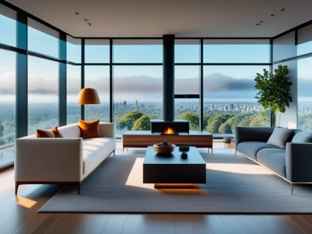 Penthouse de lujo con tecnología inteligente y sostenible Un lujoso salón de penthouse moderno con tecnología domótica integrada en un diseño sostenible