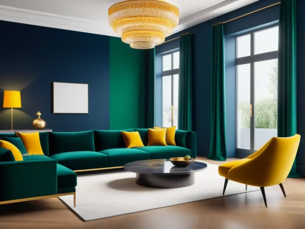 Salón de lujo con paleta sofisticada: azul, mostaza y verde Un lujoso salón moderno en tonos profundos de azul, amarillo y verde