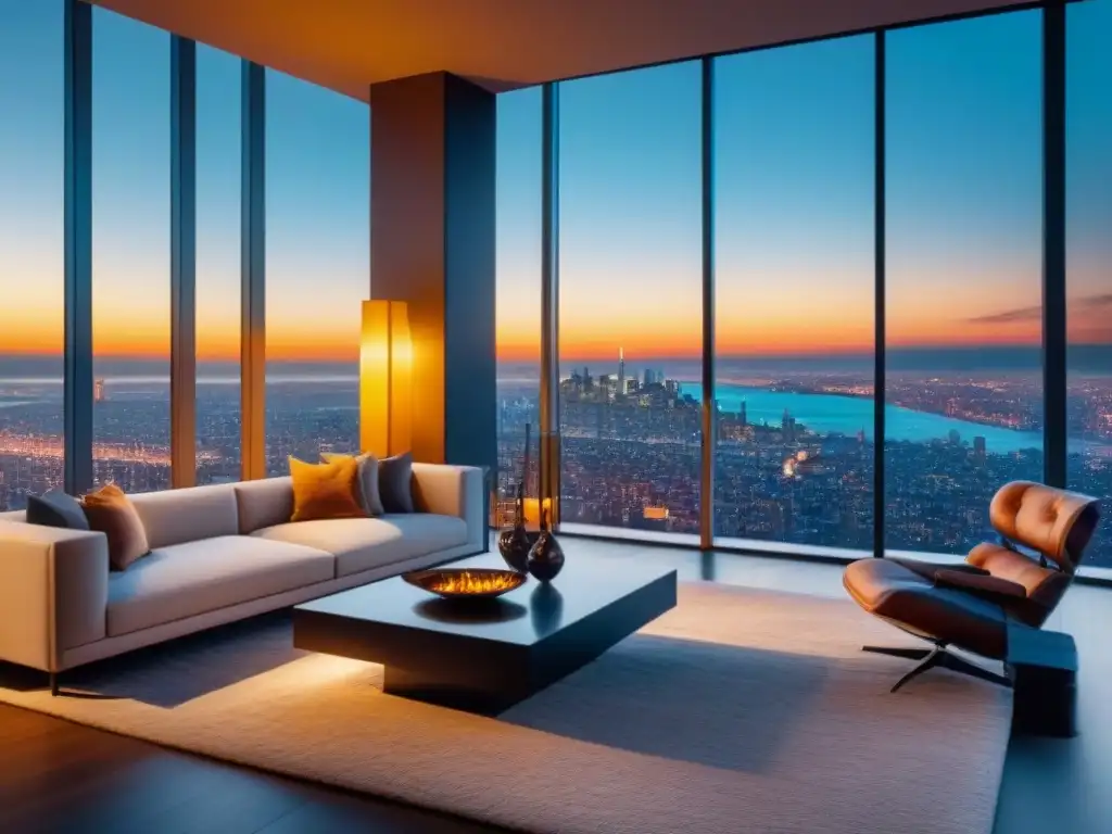 Salón de lujo con vista panorámica a la ciudad Un lujoso salón moderno con vistas a la ciudad y una elegante decoración contemporánea