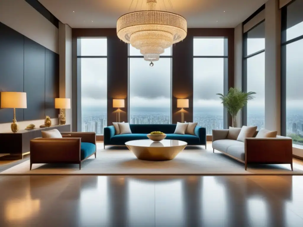 Suntuoso salón de lujo con suelos de mármol y elegante decoración Un lujoso salón con suelos de mármol pulidos y modernas alfombras geométricas, tendencias pisos mercado inmobiliario