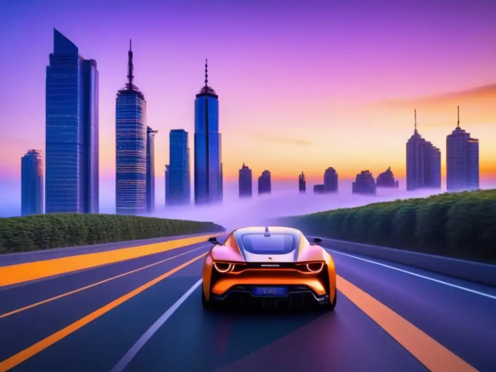 Metrópolis futurista al atardecer: progreso e innovación Luminosa ciudad futurista al atardecer, con rascacielos y vehículos autónomos en una calle urbana