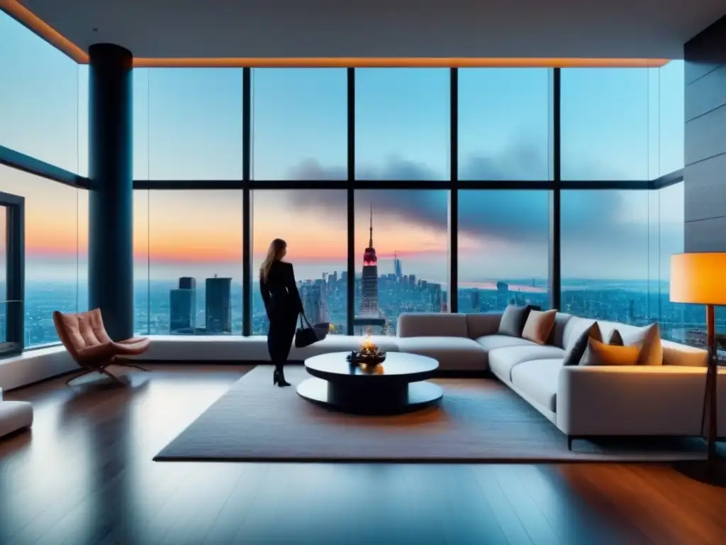 Salón de lujo con vista panorámica a la ciudad y mobiliario contemporáneo Luminoso salón de lujo en ático moderno con vista a la ciudad