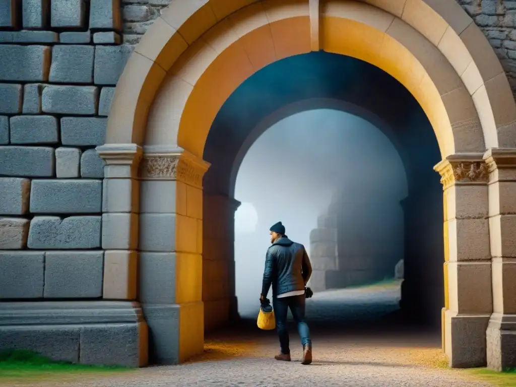 Un maestro artesano restaura con dedicación un arco de piedra centenario, destacando la restauración arquitectónica con materiales tradicionales