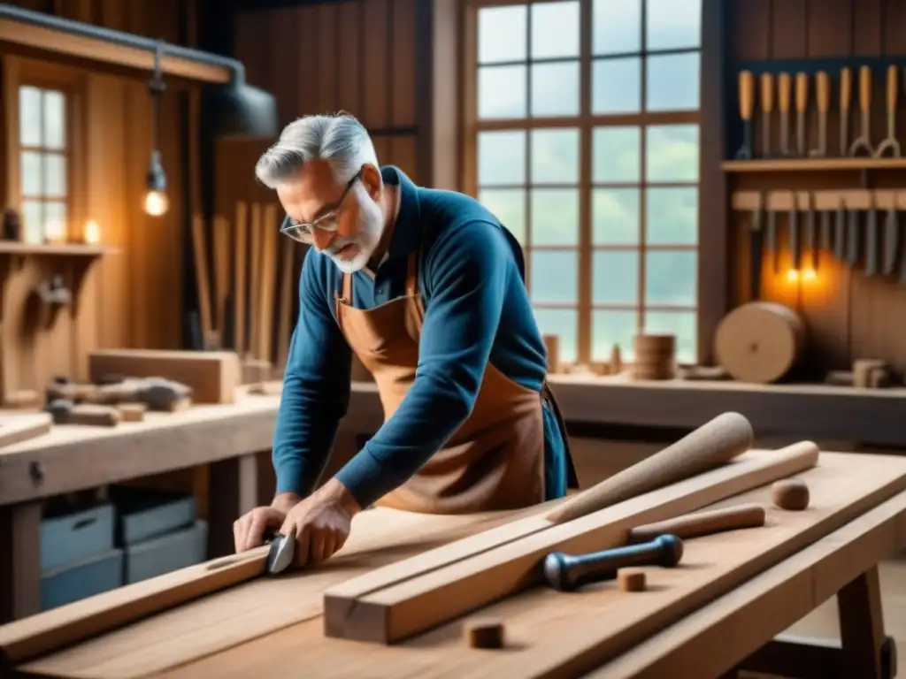 Artesano tallando viga de madera en taller tradicional Un maestro carpintero crea una viga de madera con tallas detalladas, rodeado de herramientas antiguas en un taller luminoso