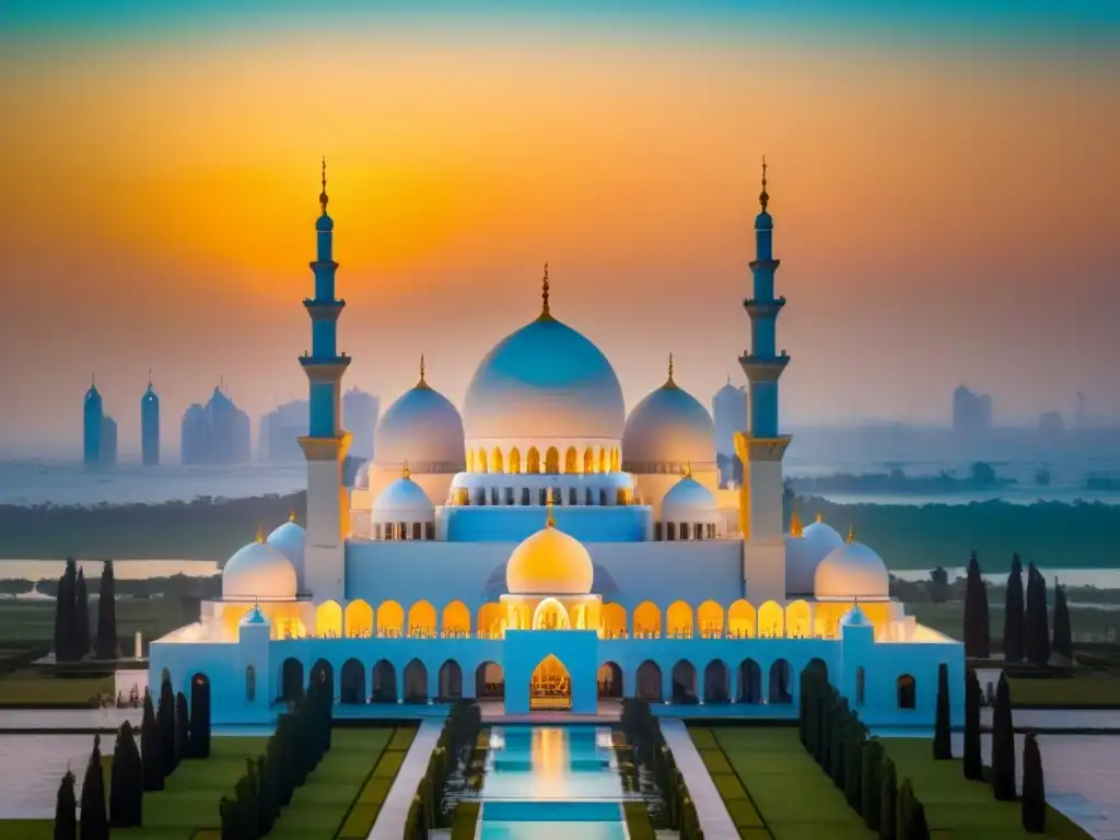 Esplendor en la Mezquita Sheikh Zayed al atardecer La majestuosa arquitectura islámica en mercados inmobiliarios se fusiona con la modernidad en la mezquita Sheikh Zayed en Abu Dabi al atardecer