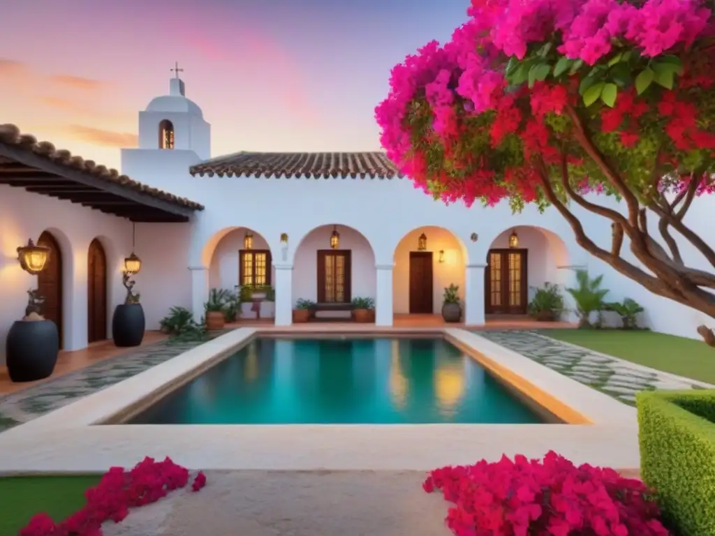 Hacienda colonial renovada con jardín exuberante al atardecer Majestuosa hacienda colonial en México con jardín exuberante y mantenimiento impecable