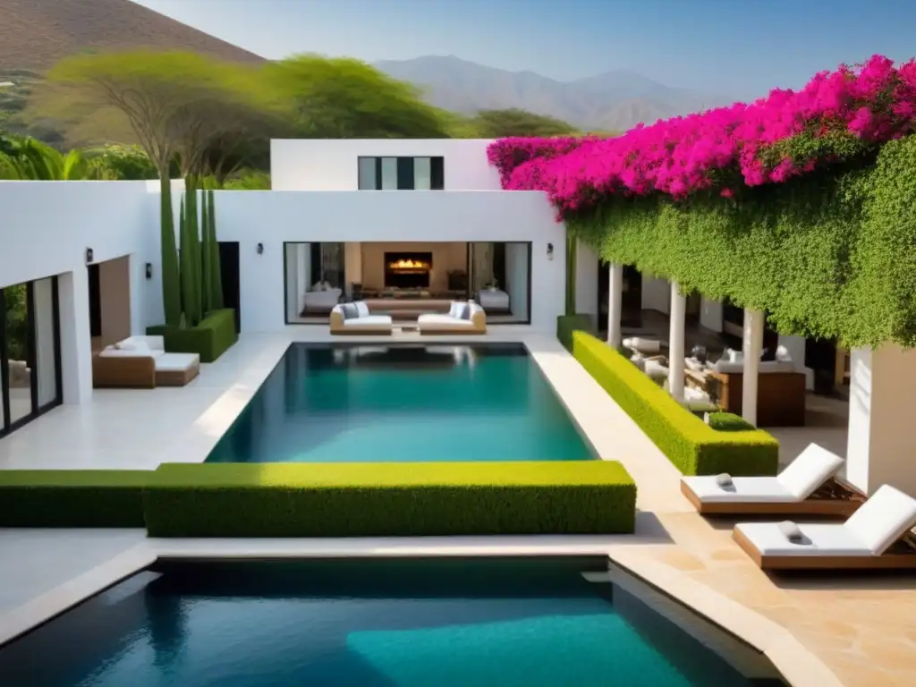 Hacienda mexicana: jardines exuberantes y diseño moderno Majestuosa hacienda mexicana con jardines exuberantes y piscina brillante, resaltando el mantenimiento de propiedades en México