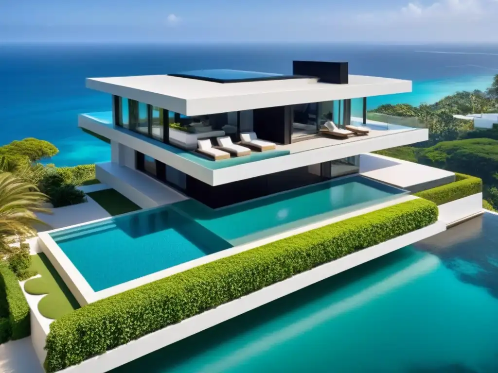 Residencia de lujo frente al mar: diseño moderno con piscina infinita Una majestuosa propiedad frente al mar con diseño arquitectónico moderno y piscina infinita, en Usos avanzados Google Earth inmobiliario