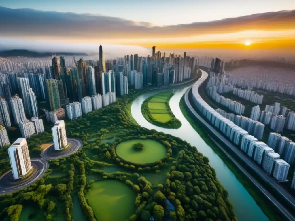 Metrópolis sudamericana al atardecer: arquitectura moderna entre naturaleza La majestuosa vista aérea de una ciudad sudamericana con modernos rascacielos, parques verdes y ríos, en contraste con la luz dorada del atardecer