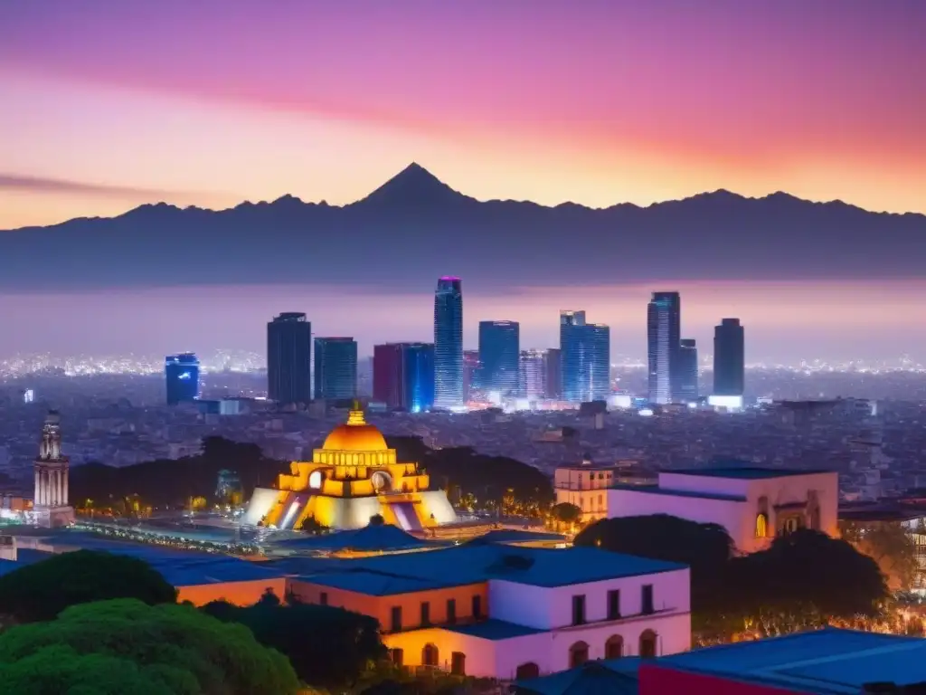 Metrópolis en evolución: atardecer en la Ciudad de México La majestuosidad de la Ciudad de México al anochecer, con rascacielos modernos iluminados en contraste con el cielo crepuscular