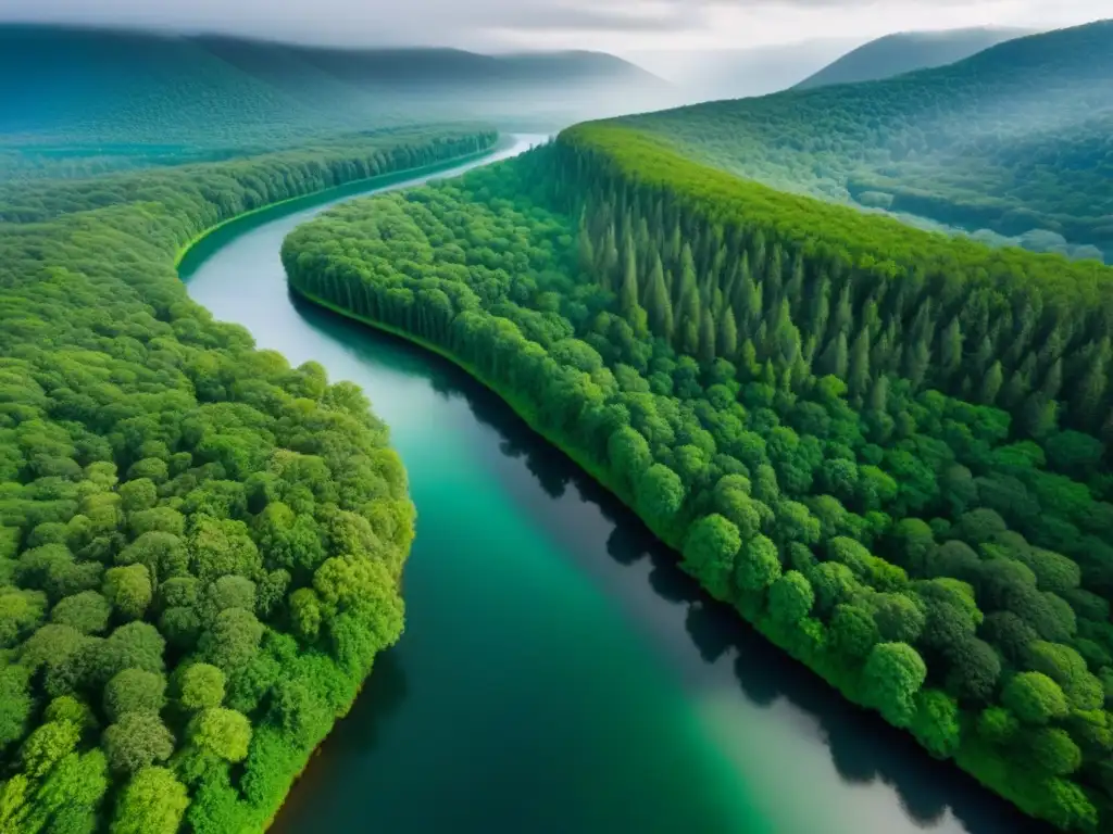 Esplendor verde: río cristalino en bosque exuberante Majestuoso bosque verde con río cristalino, resaltando la belleza natural y la tranquilidad de una zona de conservación