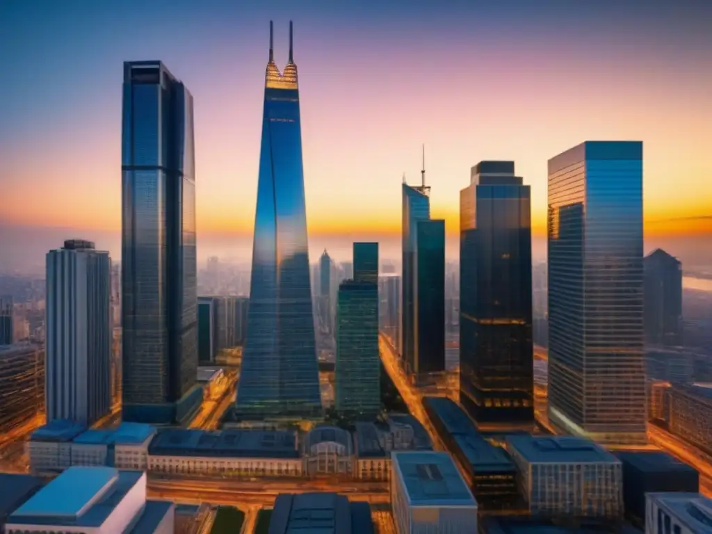 Horizonte urbano de rascacielos modernos al atardecer Majestuosos rascacielos reflejando el atardecer dorado en una ciudad vibrante