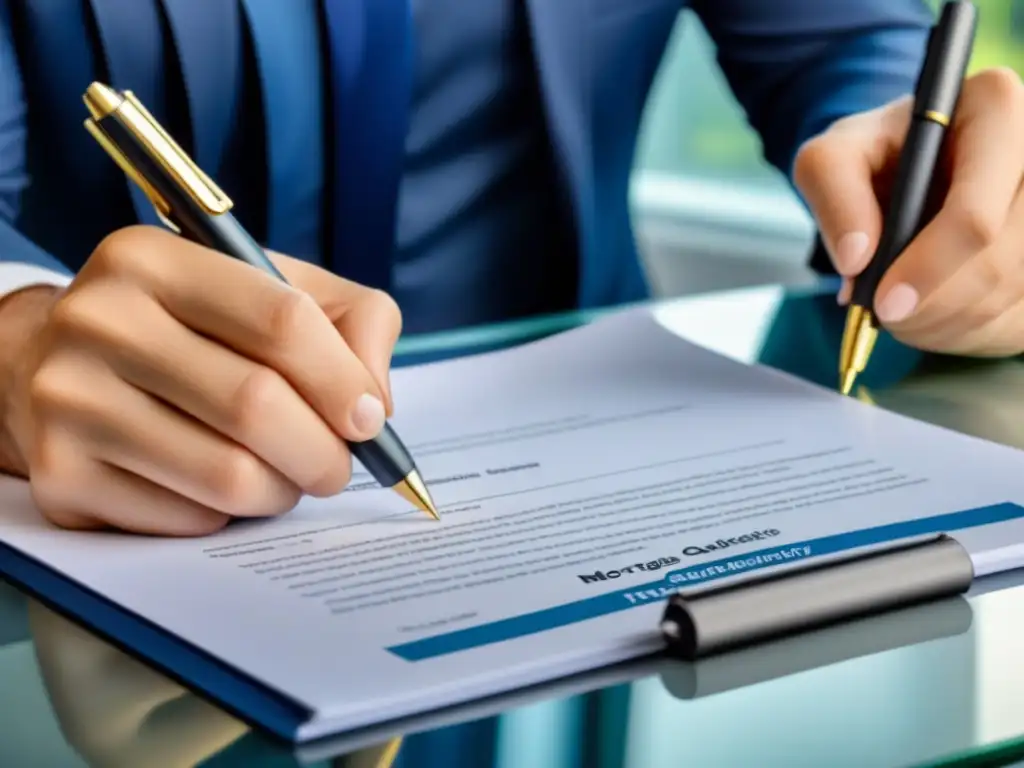 Firma detallada de hipoteca: atención meticulosa Mano firmando contrato hipoteca detallado en mesa vidrio, clave 'Consejos obtener primera hipoteca novatos'