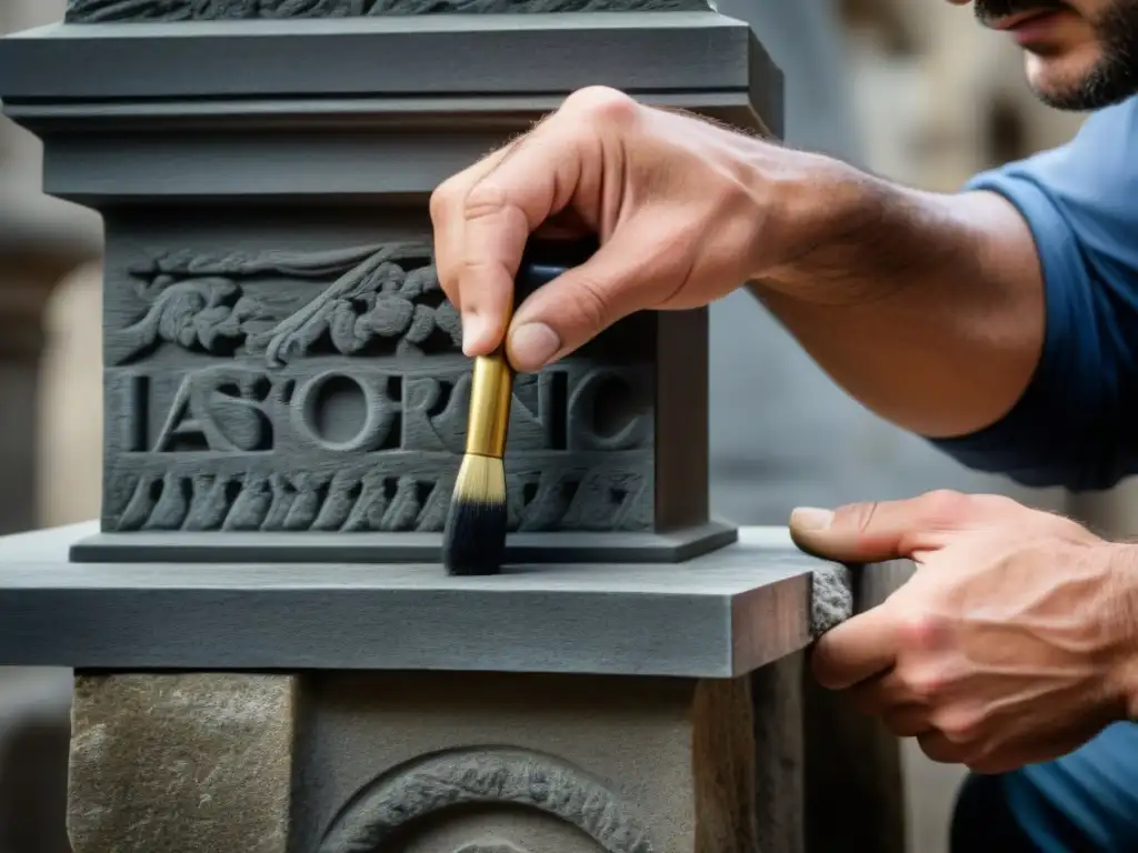 Restauración de piedra: tradición y precisión en acción Manos expertas restaurando arco de piedra con herramientas tradicionales y modernas
