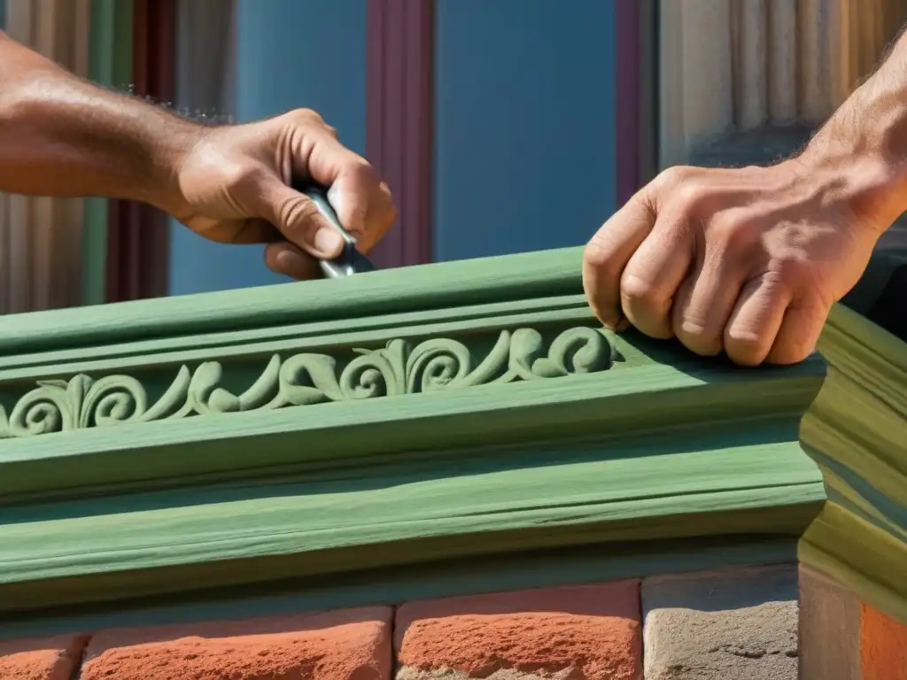 Restauración experta de fachada histórica: un arte en manos hábiles Manos expertas restauran fachada histórica, fusionando técnica tradicional y moderna