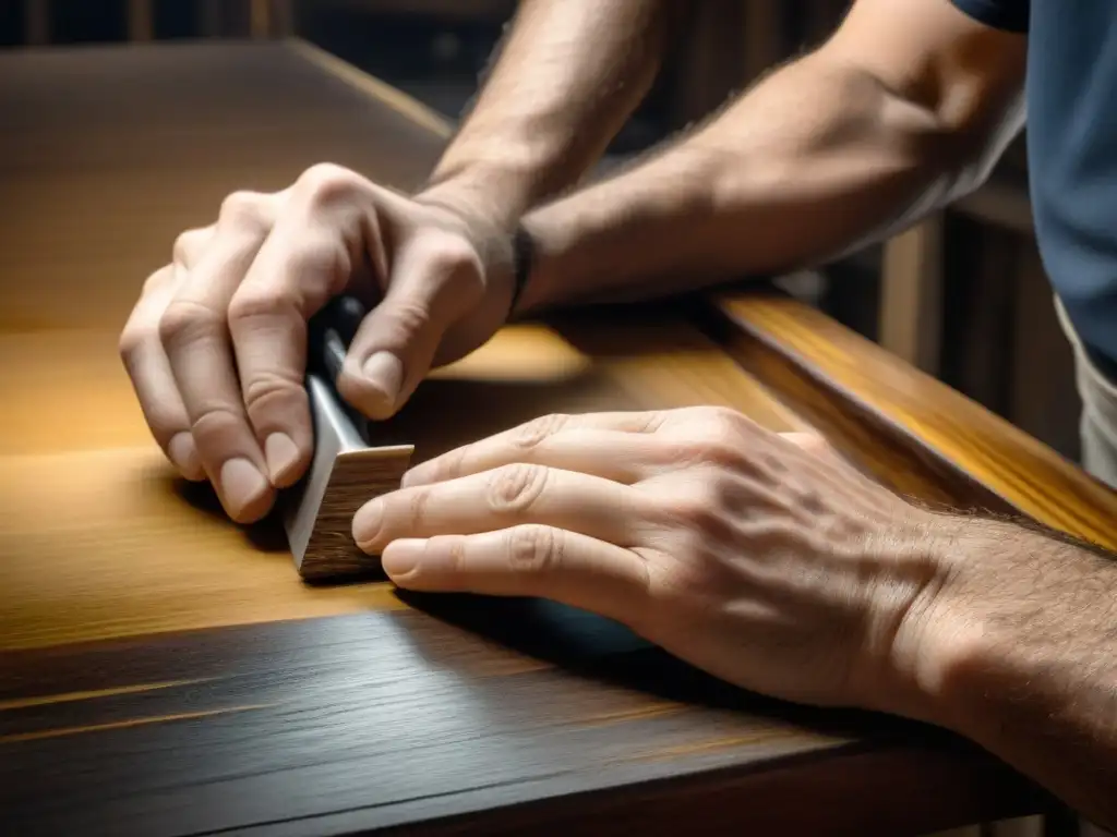 Restauración de muebles: experticia y precisión en manos artesanas Manos expertas restaurando meticulosamente mueble vintage, revelando la belleza natural de la madera