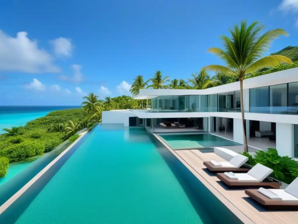 Residencia de lujo frente al mar en el Caribe: diseño moderno y blockchain Una mansión de lujo frente a la playa con diseño arquitectónico moderno, rodeada de palmeras y aguas turquesas en el Caribe