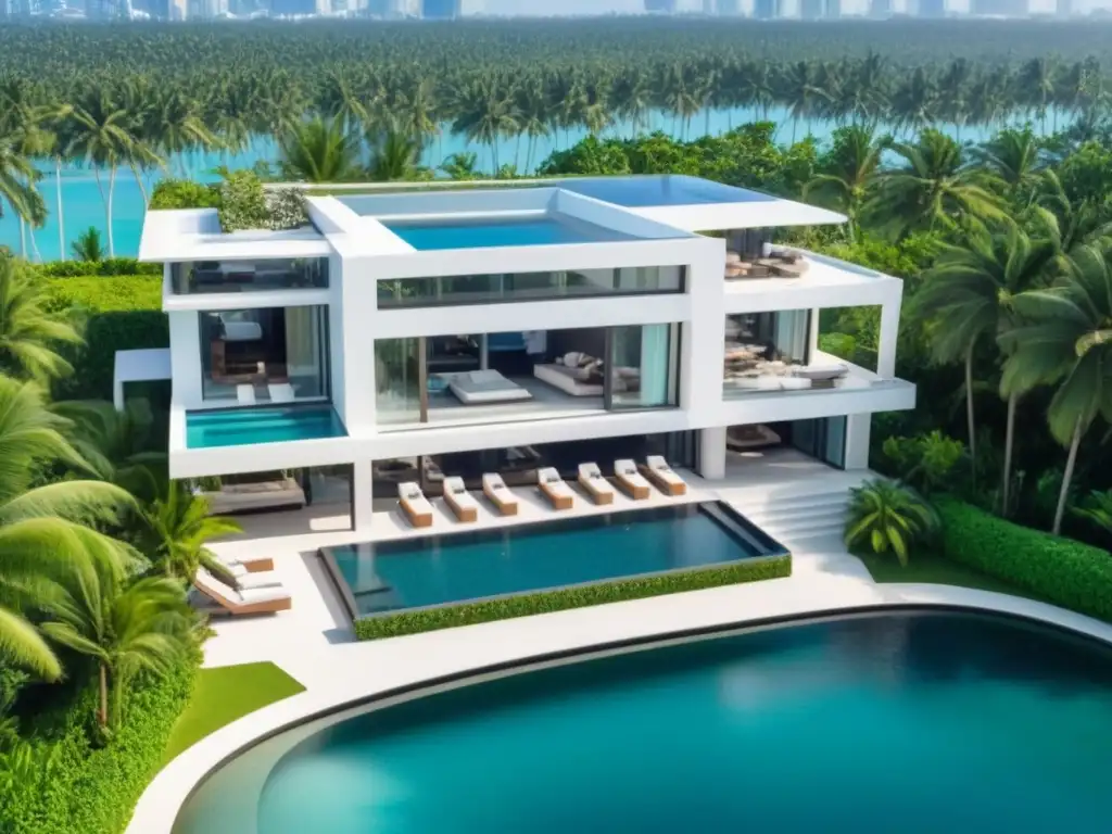 Exclusiva mansión de lujo frente al mar: opulencia y sofisticación Una mansión moderna de lujo en un entorno acuático, rodeada de exuberantes jardines y una piscina infinita cristalina