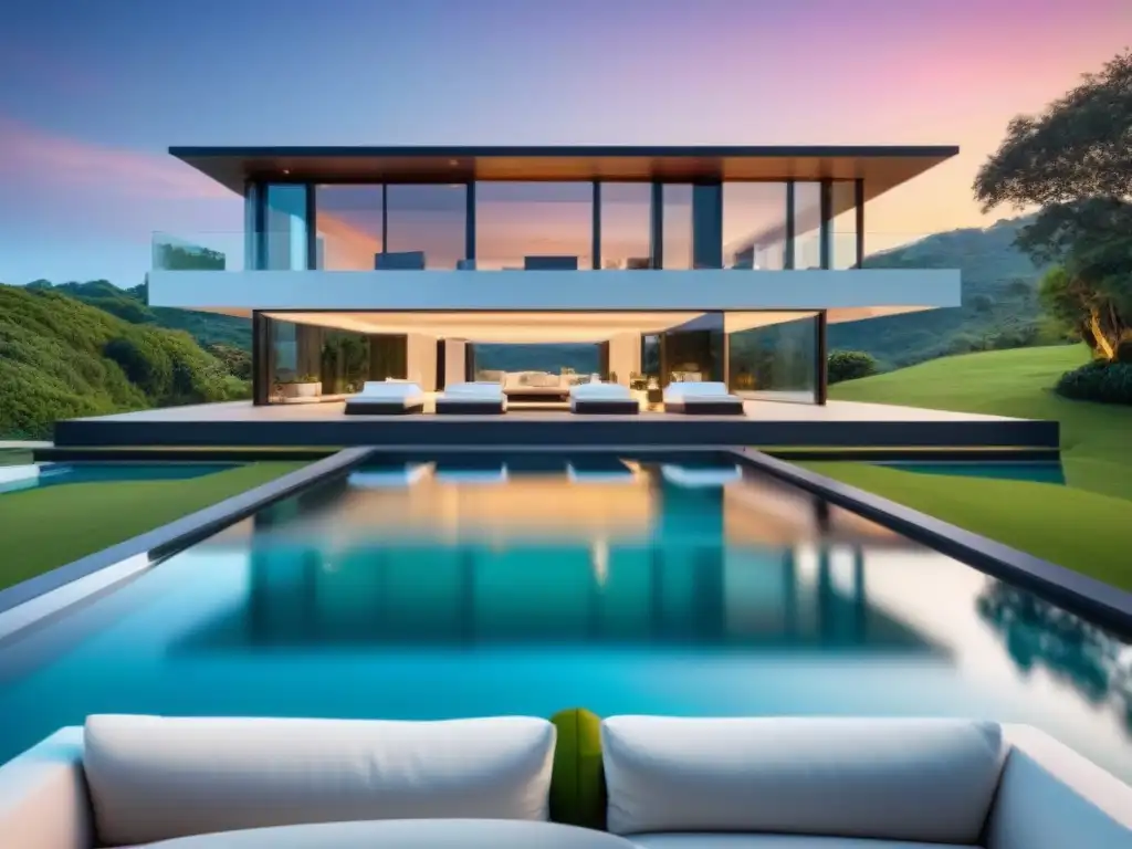 Una mansión moderna de lujo con ventanales de piso a techo, piscina infinita y jardines verdes, en un entorno de colinas y cielo de atardecer vibrante