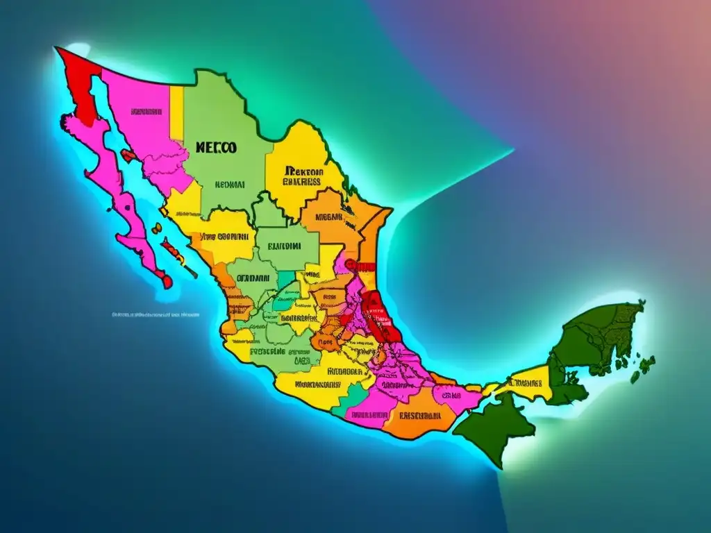Infografía detallada: regulaciones inmobiliarias en México Un mapa detallado de México con normativas inmobiliarias de cada estado destacadas en colores vibrantes y modernos iconos