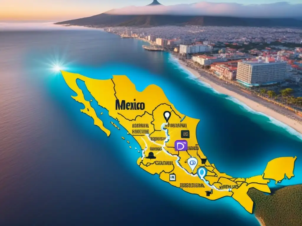 Mapa de México con redes sociales y bienes raíces Mapa estilizado de México con íconos de redes sociales sobre ciudades importantes, conectados con líneas punteadas